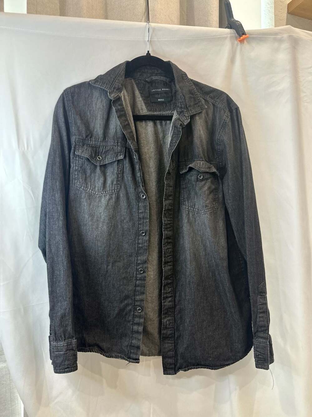 Artful Rebel Men's Faded Black Denim Button Down Shirt, Size Small